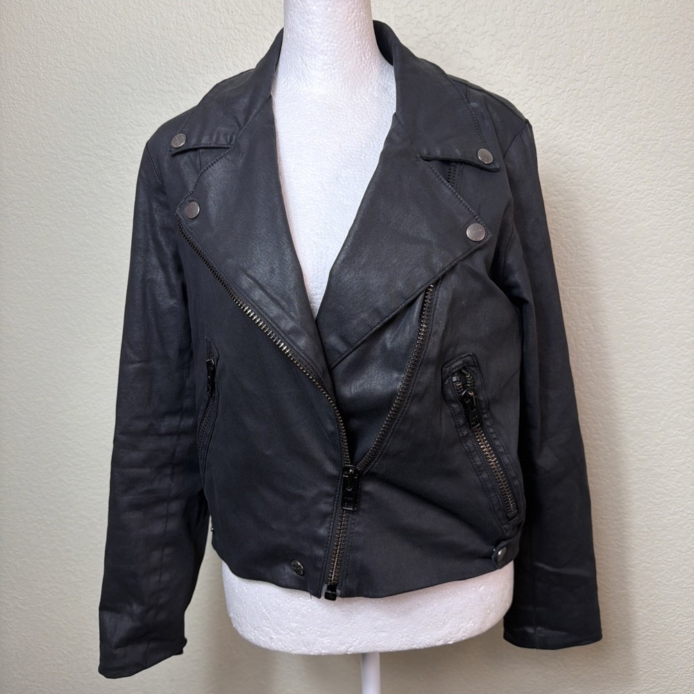 Current/Elliott The Soho Biker Jacket 1 S Black Coated Cotton Moto Asymmetrical